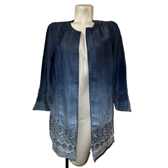 New Chico's Jacket L (2) Chambray Embroidered Open Front Royal Dip-Dyed Duster